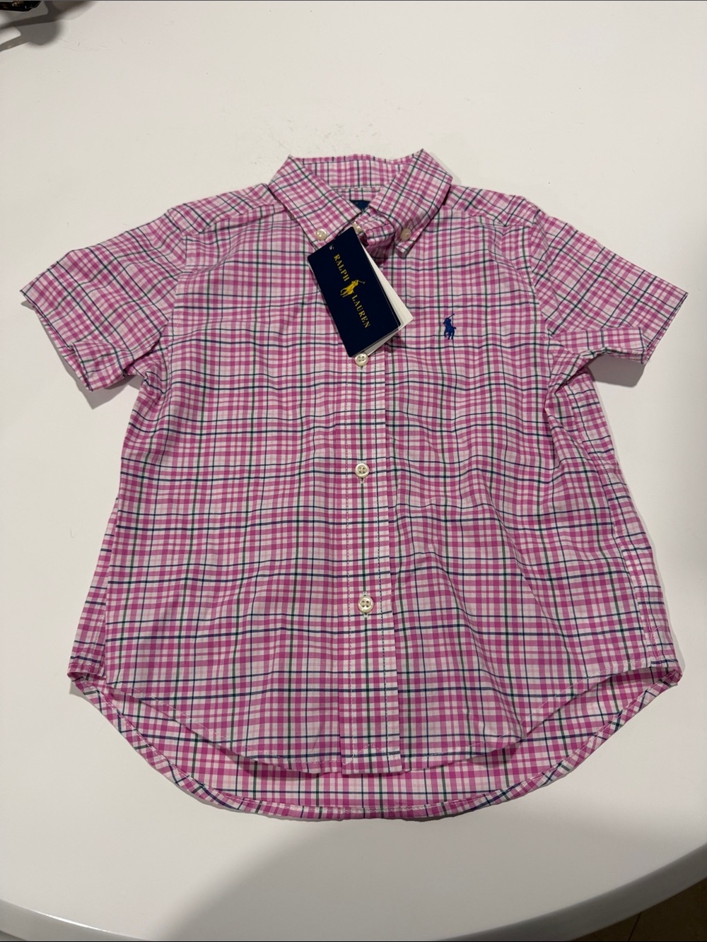 Ralph Lauren Pink Plaid Short-Sleeve Button-Down Shirt with Navy Pony. Kids 3T.
